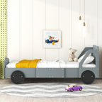 Lit en forme de voiture taille simple Harper & Bright Designs avec roues, lit simple pour enfants avec tête de lit et pied de lit, cadre de lit plateforme en bois taille simple, lit Flash McQueen pour enfants garçons filles (gris)
