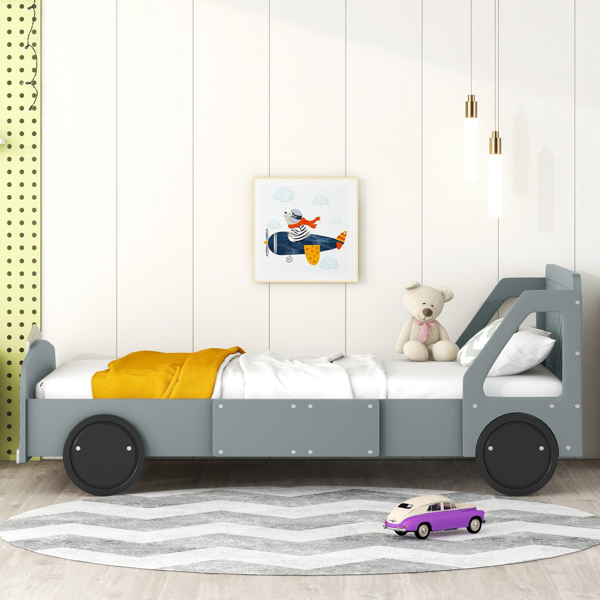 Lit en forme de voiture taille simple Harper & Bright Designs avec roues, lit simple pour enfants avec tête de lit et pied de lit, cadre de lit plateforme en bois taille simple, lit Flash McQueen pour enfants garçons filles (gris)