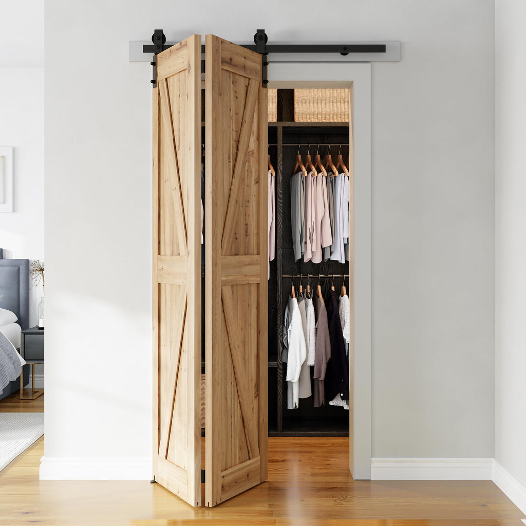 SMARTSTANDARD 5ft/60'' Bi-Folding Sliding Barn Door Hardware Kit, Bifold Barn Door Hardware Kit Heavy Duty Sturdy Side Mounted for 2 Doors -Smoothly and Quietly -Easy to Install, Fit 56" Door, No Door