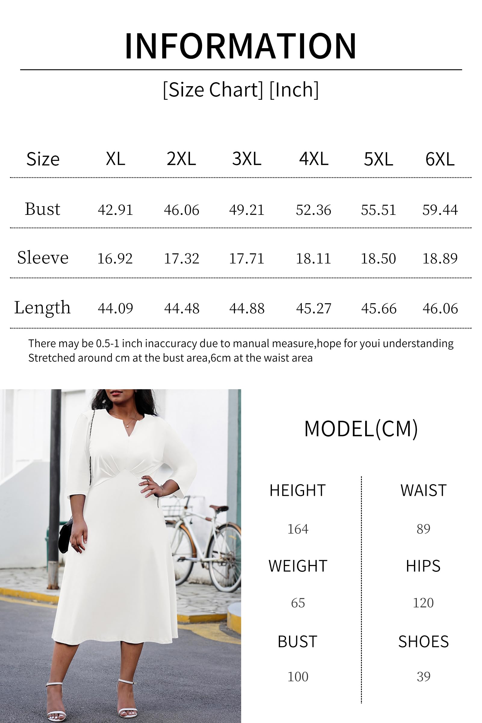 Nmoder Women's Plus Size Stretchy Flared Wrap Dress Casuel Wedding Guest Cocktail Work Midi Dresses V Neck 3/4 Sleeve A-Line Swing White 2XL