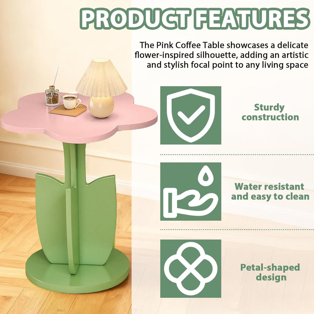 Flower Shaped Coffee Table, Floral Accent Center Table, Pink Coffee Table with Pedestal for Living Room,Bedroom, Lounge, Balcony