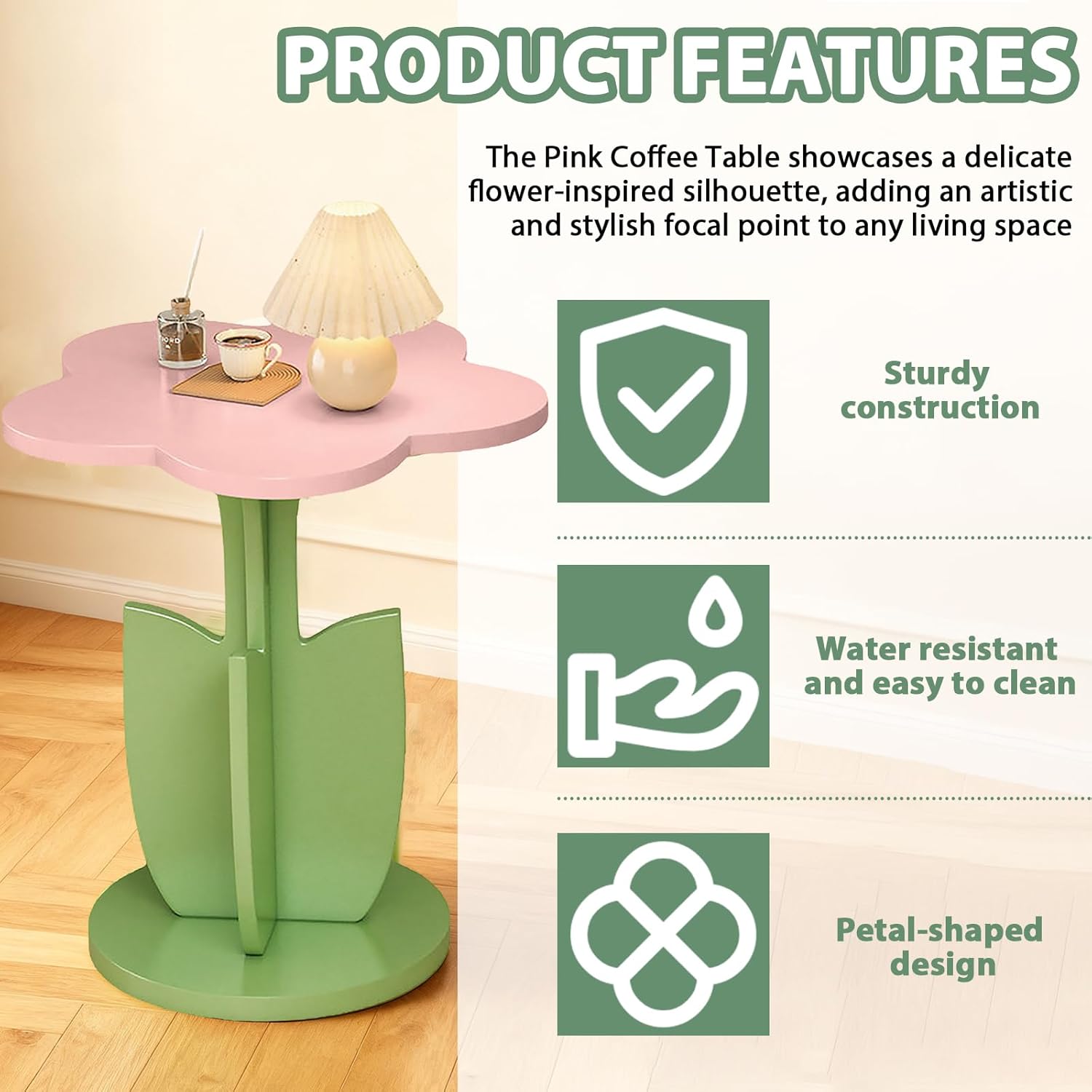 Flower Shaped Coffee Table, Floral Accent Center Table, Pink Coffee Table with Pedestal for Living Room,Bedroom, Lounge, Balcony