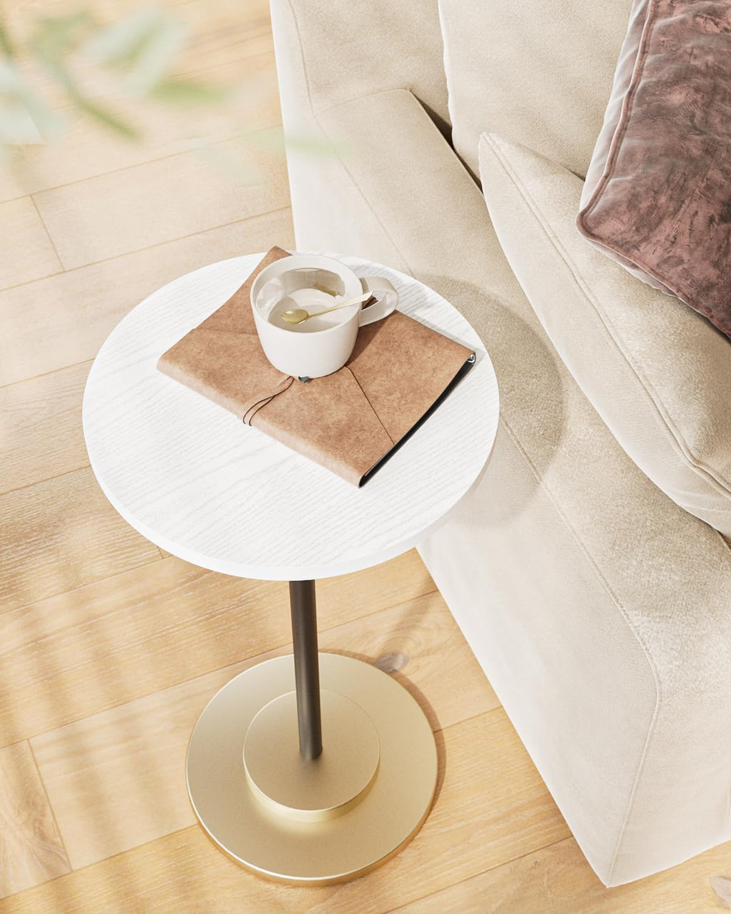 Masupu Drink Table, Round Side Table for Small Spaces, Pedestal Small End Table with Metal Base, for Living Room, Bedroom, Bathroom, Rustic Brown
