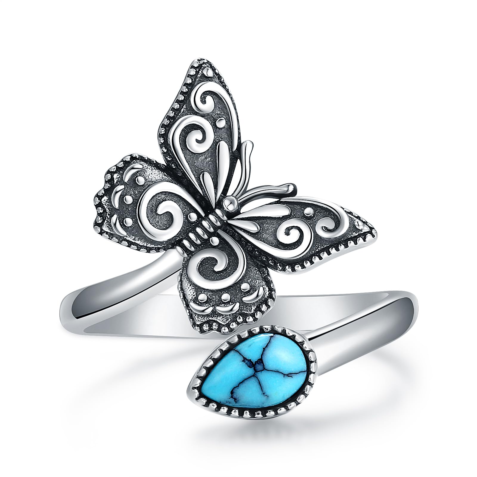 S925-Sterling-Silver Turquoise Dragonfly/Butterfly Spoon Ring - Vintage Boho Sunflower Thumb Rings Oxidized Wrap Ring Victorian Style Antique Floral Jewelry Gifts for Women