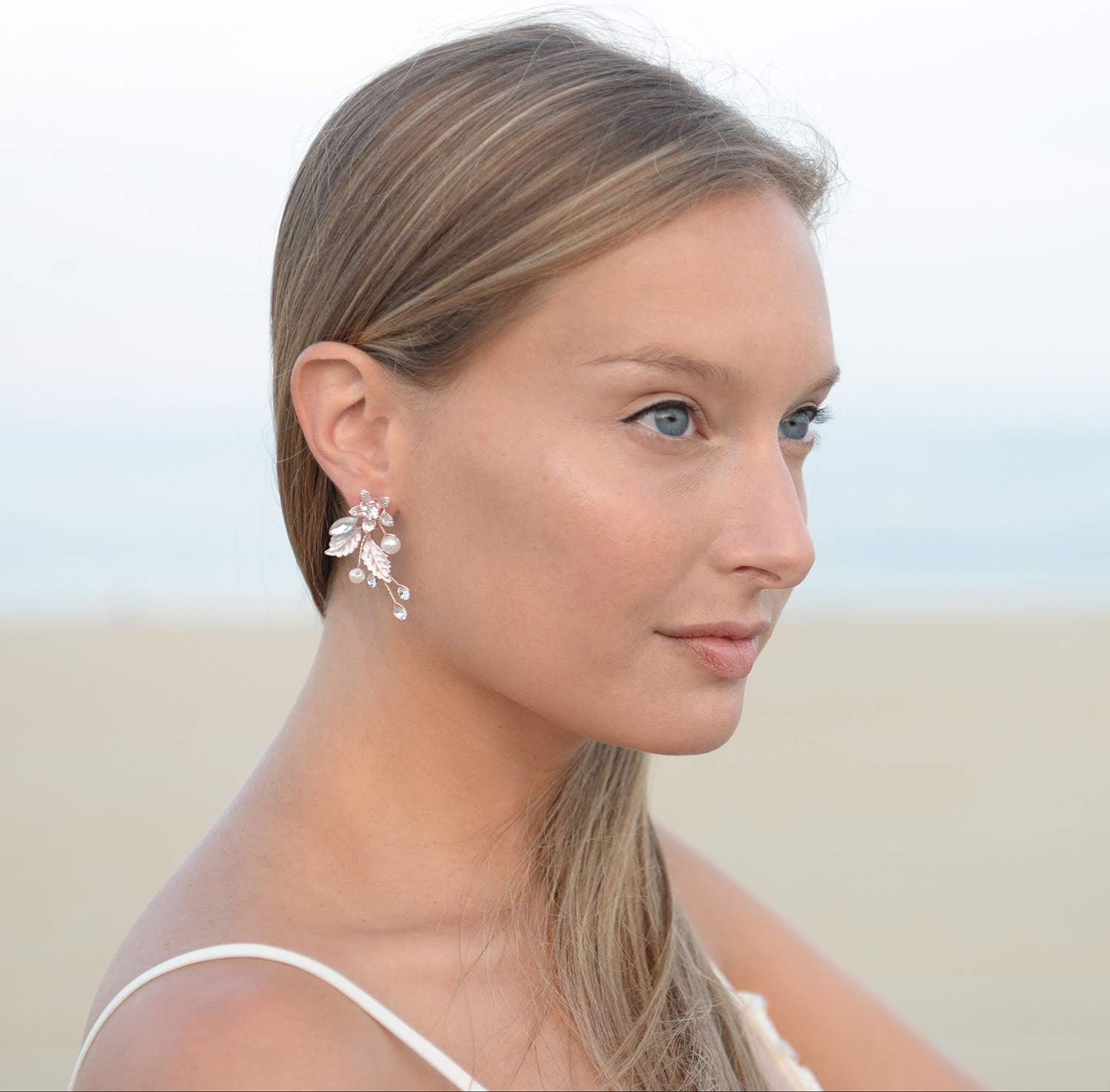 Mariell Bridal and Wedding Rose Gold Handmade Dangle Earrings with Clear Crystal Gems and Ivory Pearls