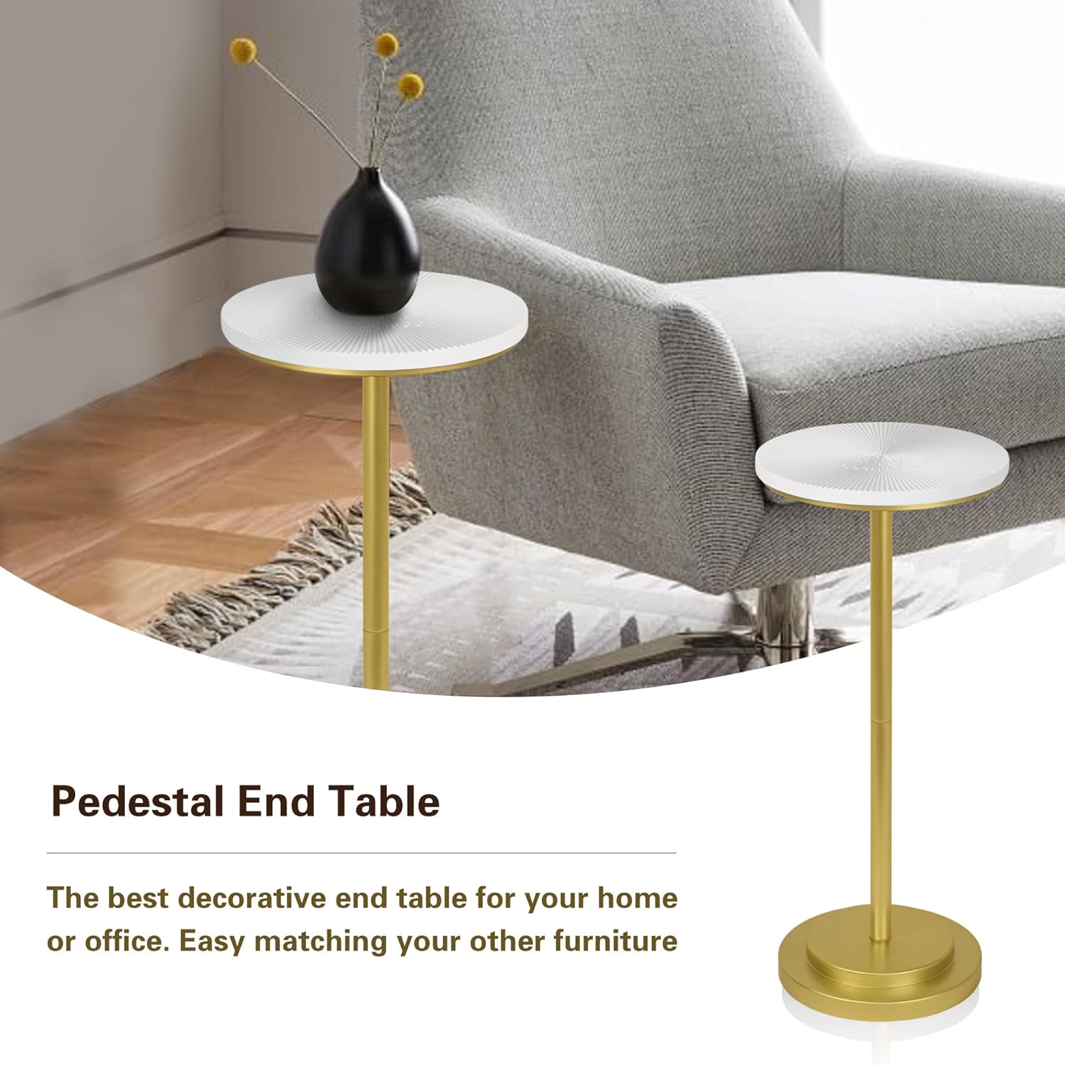 Drink Table, Carved Table Top Small Pdestal Martini SideTable for Living Room, Bedroom, Modern, Weighted Base, White and Gold