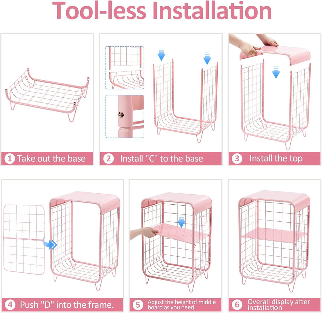 Metal Side Table,Cute Pink Nightstand,3 Tier End Table with Storage,Vintage Bedside Table,Girls Bedroom Furniture,Accent Table,Small Coffee Table for Living Room,Bedroom,Dorm