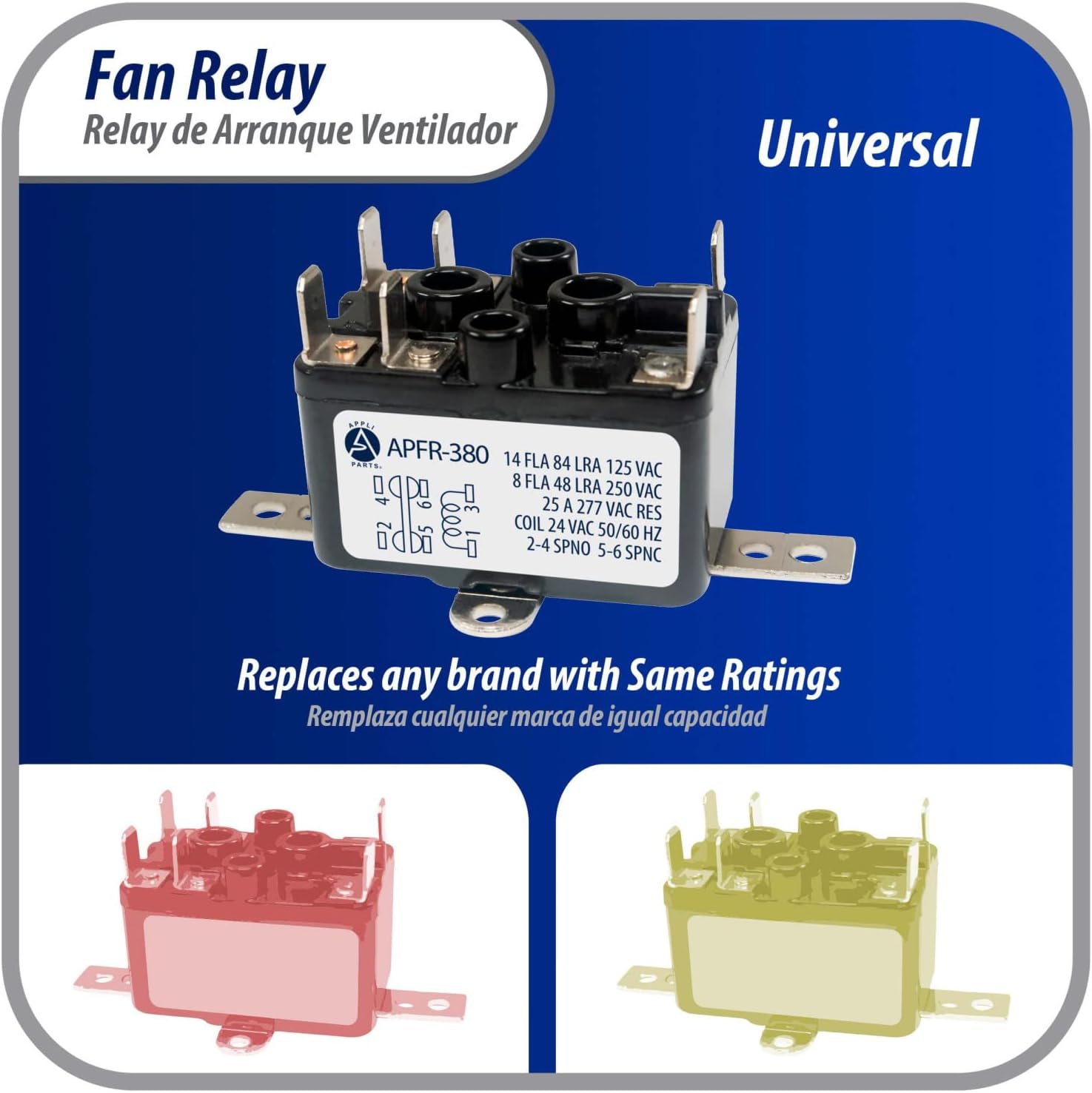 Appli Parts APFR-380 90-380, 24 VAC Coil, Heavy Duty Switching Fan Relay, SP Normally Open, SP Normally Closed, AC and heating Furnace blower relay Universal fit multi position bracket