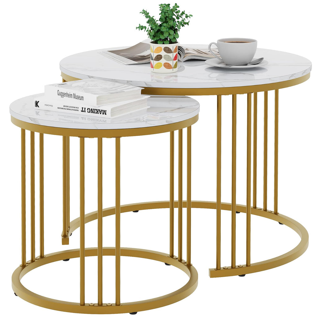 Garden 4 you Nesting Coffee Table, 23.6" Round Coffee Table Set of 2, Glass Nesting Table with Metal Frame, Ceter Tables for Living Room Bedroom Balcony, Gold