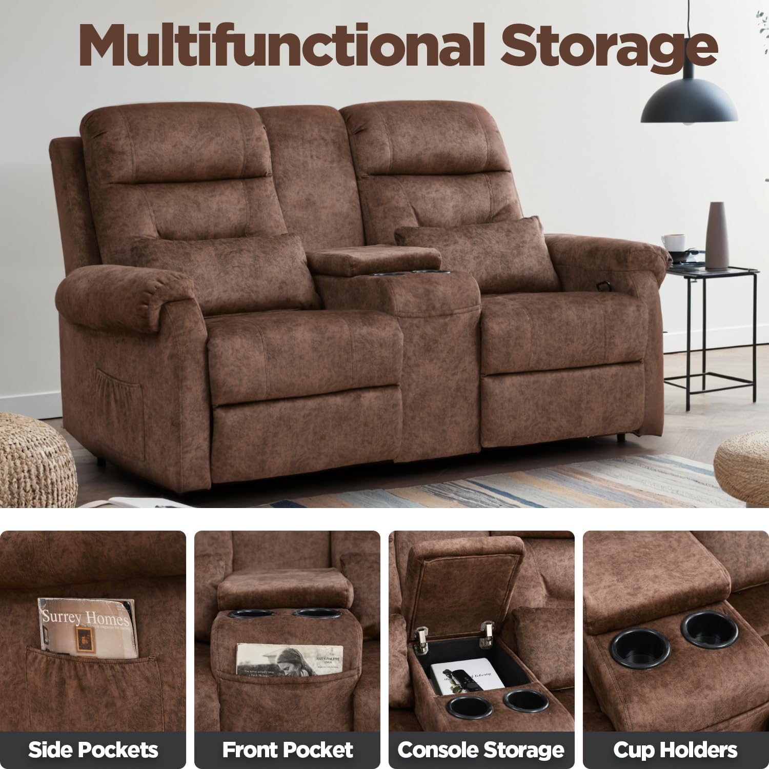 Reclining Loveseat Sofa, RV Loveseat Recliner with Console, Manual Home Theater Seating Loveseat with Cup Holders/Pockets, RV recliners for Living Room (Brown)