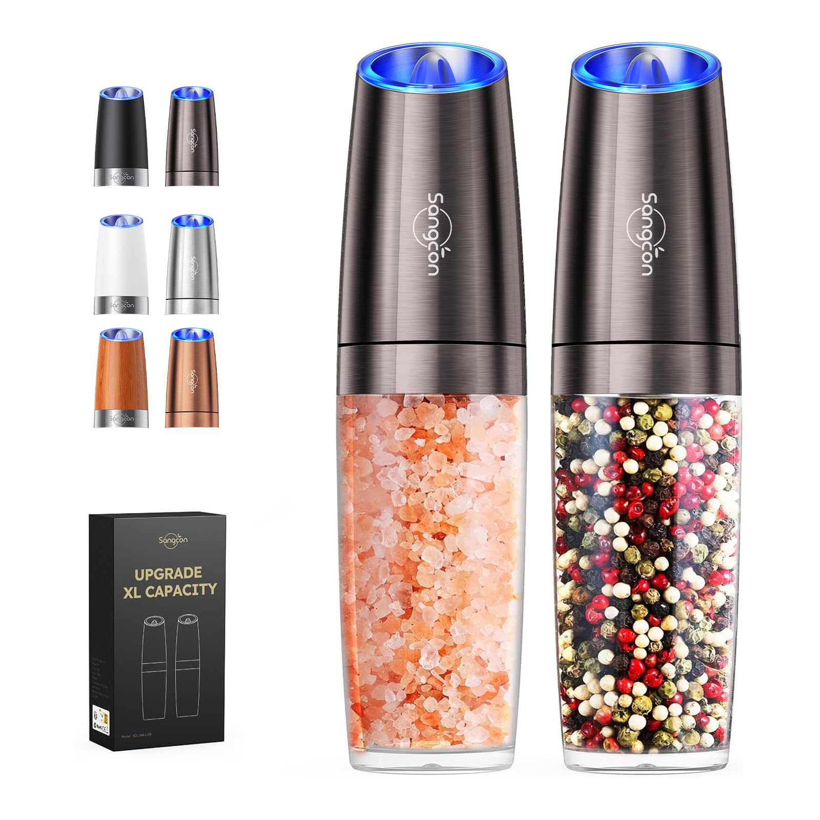 Sangcon Gravity Electric Pepper and Salt Grinder Mill Automatic Shaker Grinder with LED Light, Battery Powered Adjustable Coarseness One Hand Operation, Upgraded Larger Capacity, 1pc