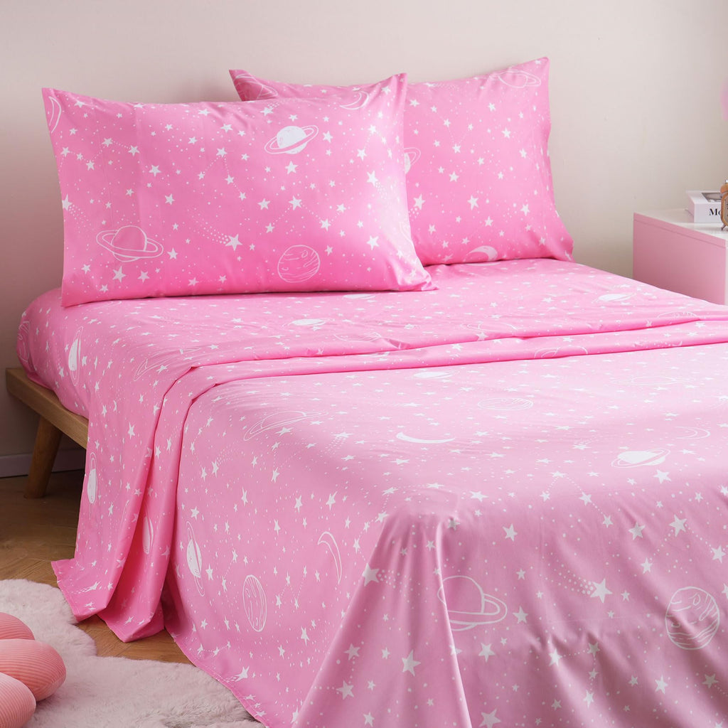 ست ملحفه کودکان یونیکورن صورتی JSD، سایز تویین، ۳ تکه، ملحفه‌های رختخواب میکروفایبر چاپ شده با طرح رنگین کمان برای دختران، جیب عمیق