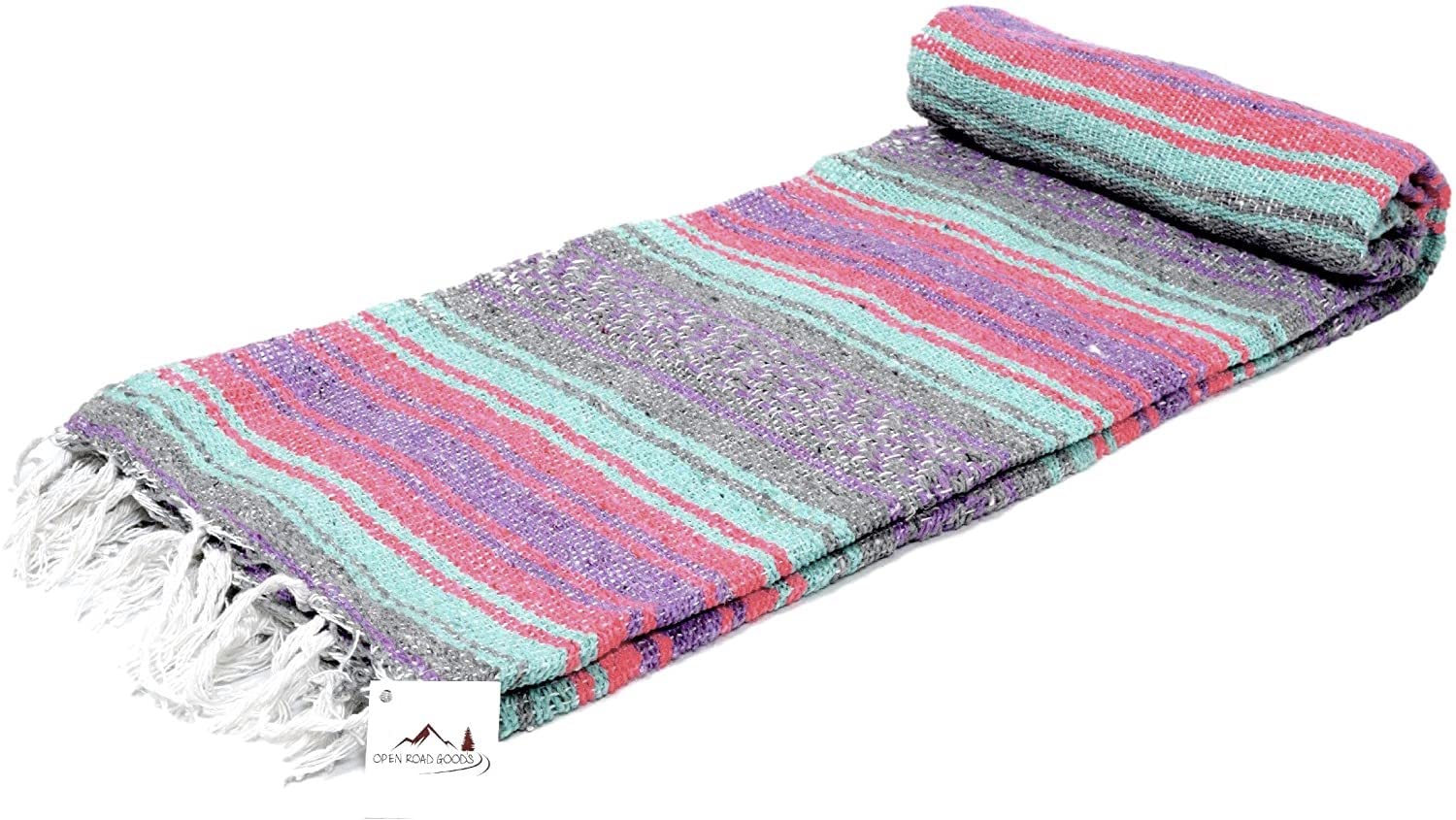 Open Road Goods Multi Color Mexican Falsa Blanket - Handwoven in Mexico - Great for The Beach, Picnics, Yoga, or a Throw! (Grey Pastel)