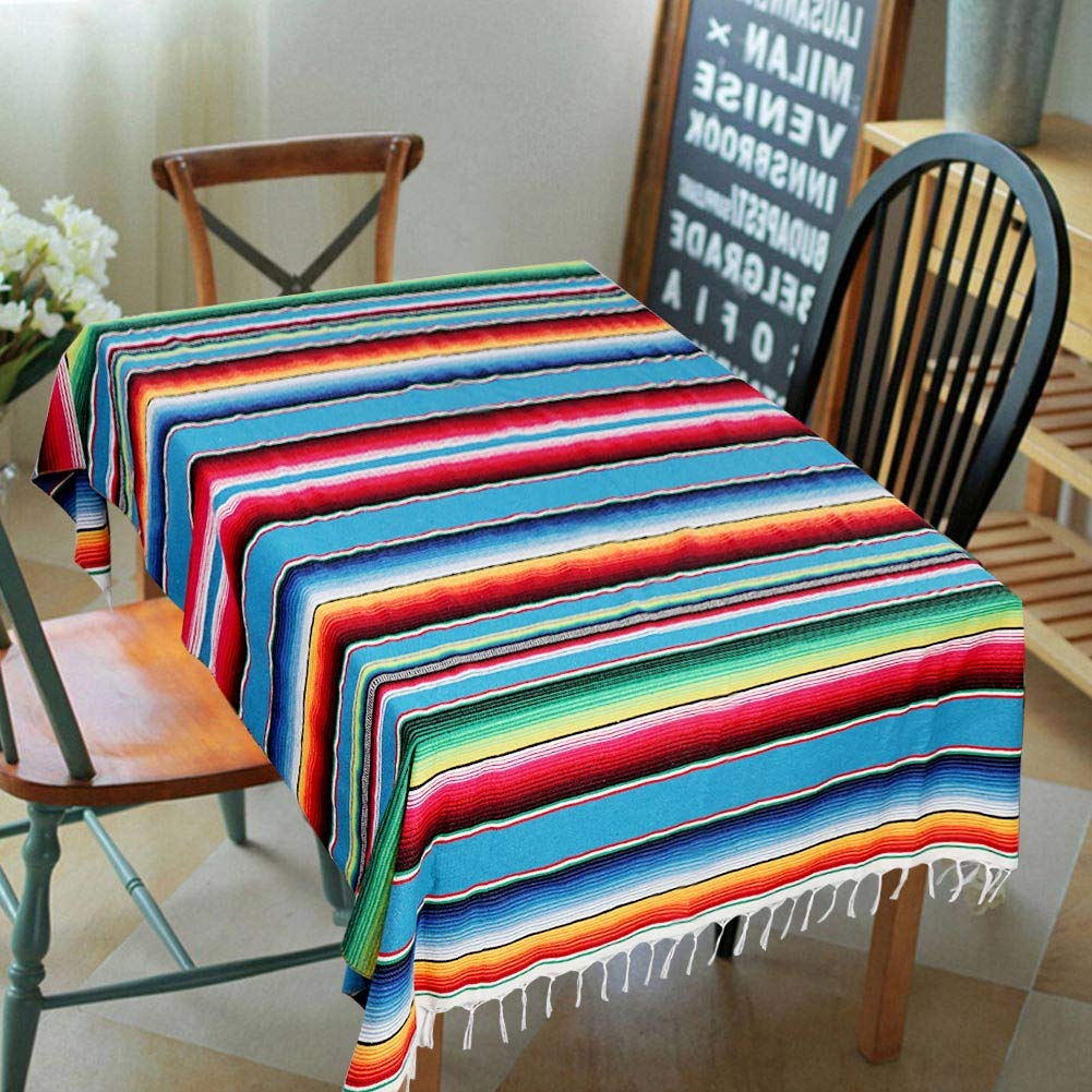 AerWo Mexican Tablecloth 60 x 85, Mexican Serape Blanket with Tassels for Fiesta Party Cinco De Mayo Decorations, Rectangle Woven Stripe Tablecloth, Outdoor Picnic Blankets Dining Table Cover