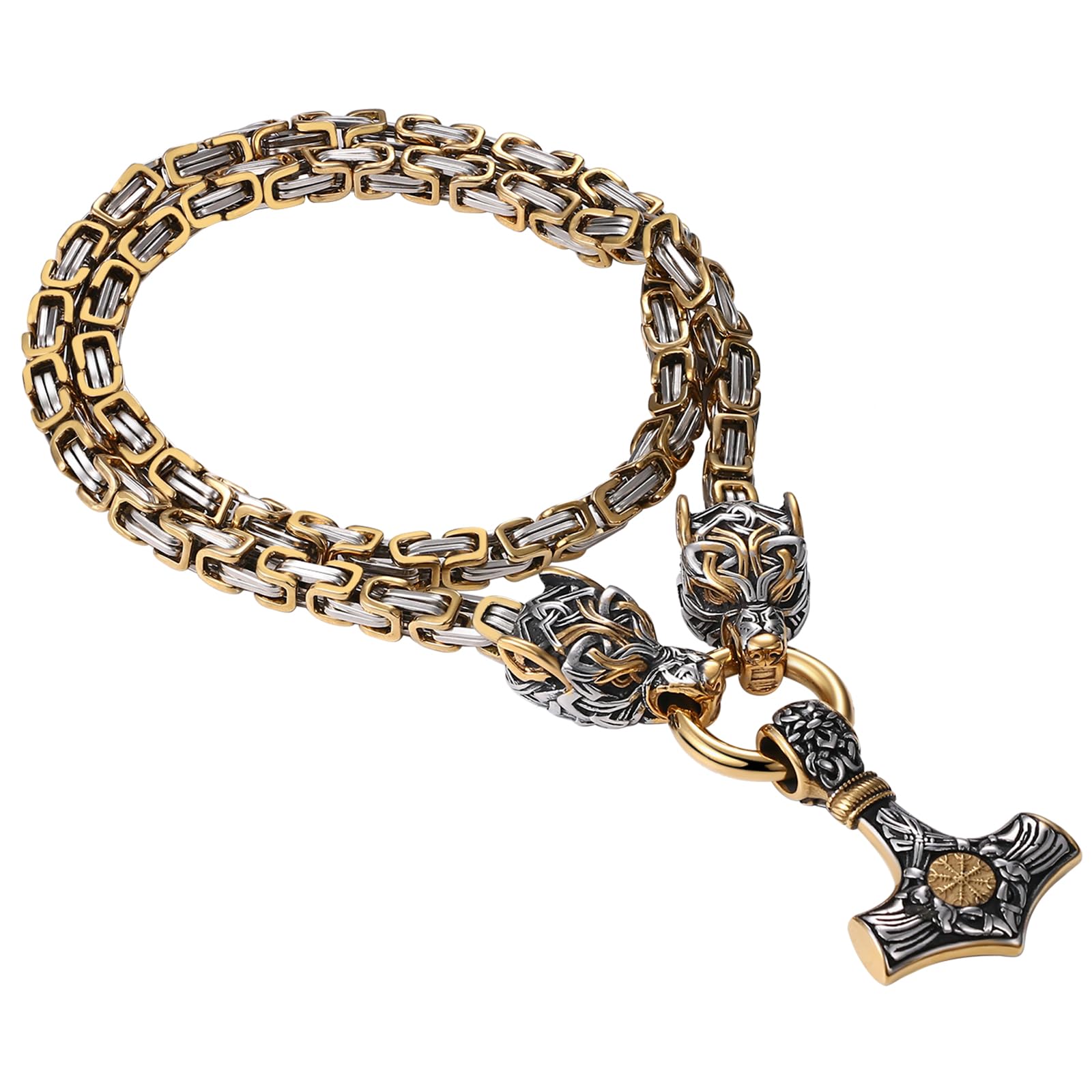 OIDEA Viking Thor's Hammer Necklace for Men: Vintage Viking Helm of Awe Mjolnir Pendant with Wolf Head Byzantine Chain Amulet Jewelry Gift for Men Women 24in Chain
