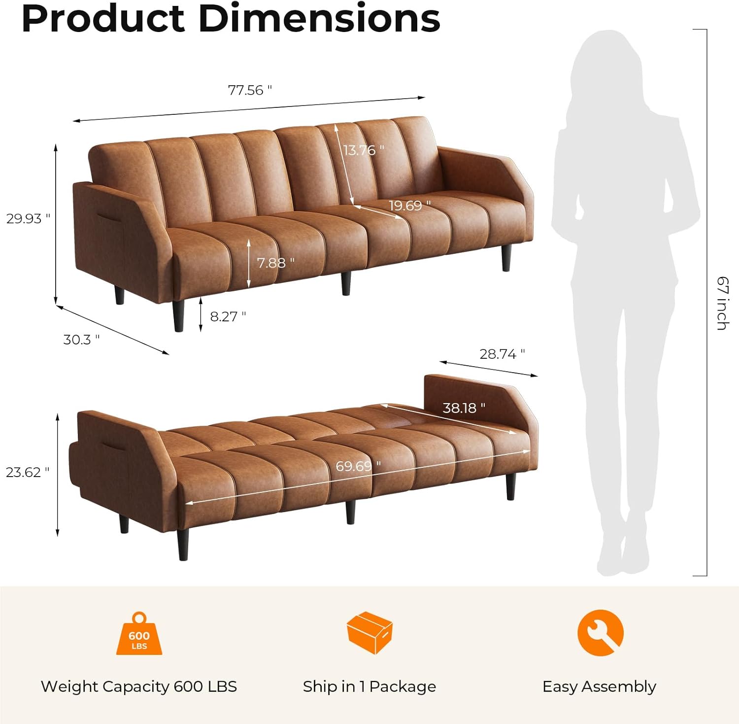 Fadware 78'' Futon Sofa Bed Couch, 2 Seater Faux Leather Futon Sleeper Couches with Adjustable Sofa Backrest, Convertible Loveseat Sofa Bed for Living Room, Bedroom, Office, Loft, Brown