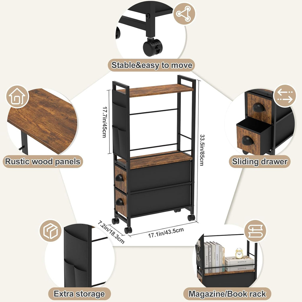 Small Narrow Side Tables for Small Spaces, Skinny Thin Bedside Nightstand End Table with Drawers&Wheels, Slim Tall Desk Magazine Rack with Storage Bag for Sofa Living Room Dorm Couch Bedroom