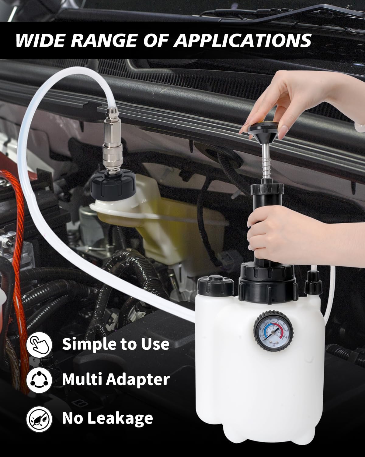 Brake Bleeder Kit with 3L Pressure Pump, 1L Waste Bottle & 4 Upgraded Adapters, Manual Brake Fluid Bleeder Tool for Most Vehicles, One-Person Operation