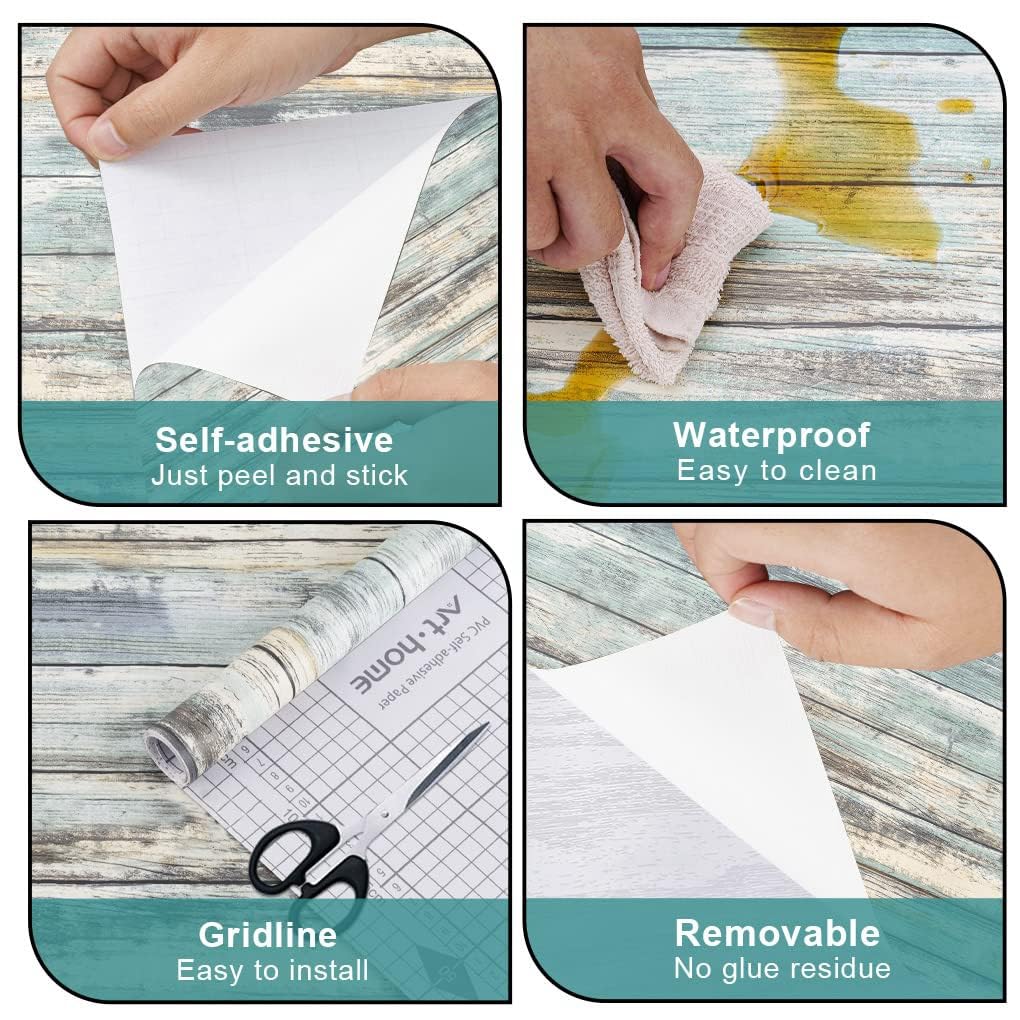 Arthome 17''x120'' Blue Rustic Wood Paper Self-Adhesive Removable Peel and Stick Wallpaper Vinyl Decorative Wood Plank Film Vintage Wall Covering for Furniture Easy to Clean Wooden Grain Paper