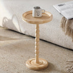 Rattan Small Side Table, Round Drink Table for Small Spaces, Boho Accent End Table with Solid Wood Leg for Living Room, Nightstand Table for Bedroom, Corners
