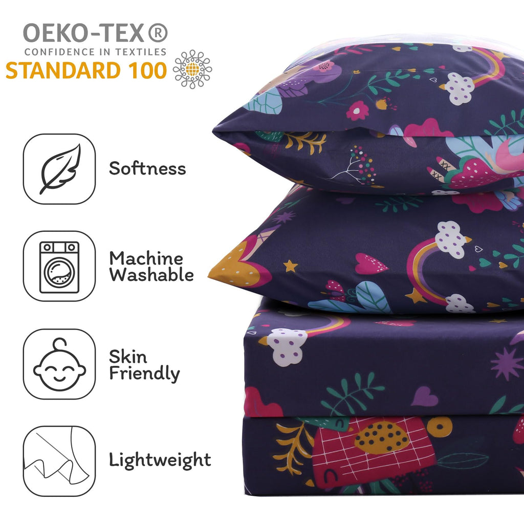 ست ملحفه کودکان یونیکورن صورتی JSD، سایز تویین، ۳ تکه، ملحفه‌های رختخواب میکروفایبر چاپ شده با طرح رنگین کمان برای دختران، جیب عمیق