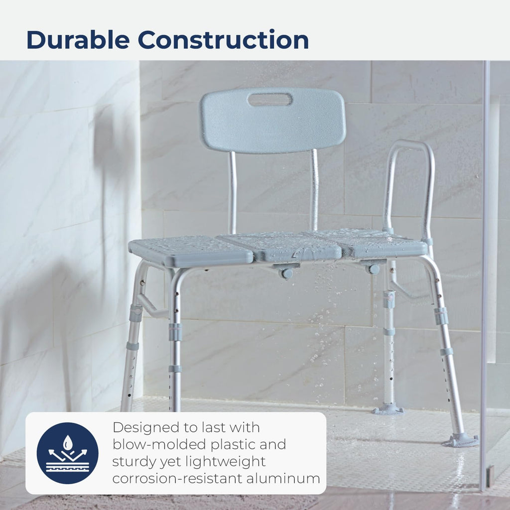Drive Medical 12011KD-1 Tub Transfer Bench For Bathtub, Height Adjustable Shower Bench with Backrest, Shower Seat Shower Chair Bath Chair for Elderly, Seniors, Arm Support for Transfer, 400 Weight Cap
