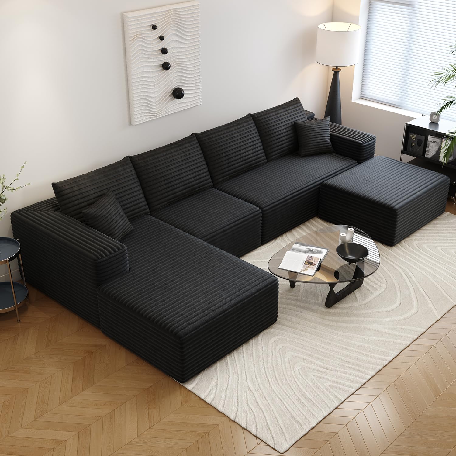 107.5" Cloud Sectional Couch with L-Shape Chaise,Modern Modular Sofa with Deep Seat, Upholstered Couches for Living Room Bedroom Apartments,No Assembly Required, (Black,Right Facing Chaise)