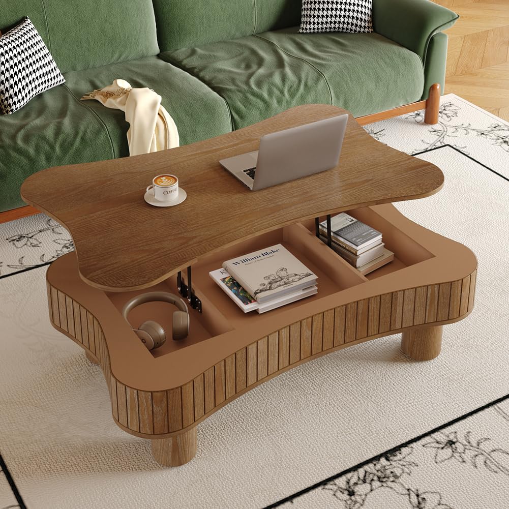 Lift Top Coffee Table with Storage for Living Room Mid Century Modern Coffee Table with Lifting Top Wood Fluted Coffee Tables with Lifts Up Tabletop for Home Apartment Office 38.6" Walnut Rectangle