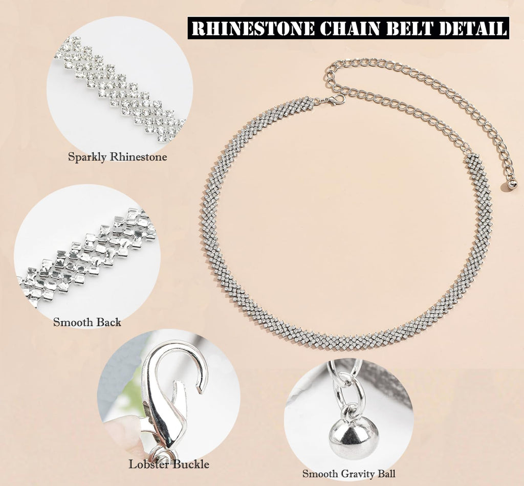 HinyBoeh Women's Rhinestone-Chain-Belt Silver-Diamond-Waist-Belts Adjjustable for Wedding-Bridal Dress 27-36''Waist