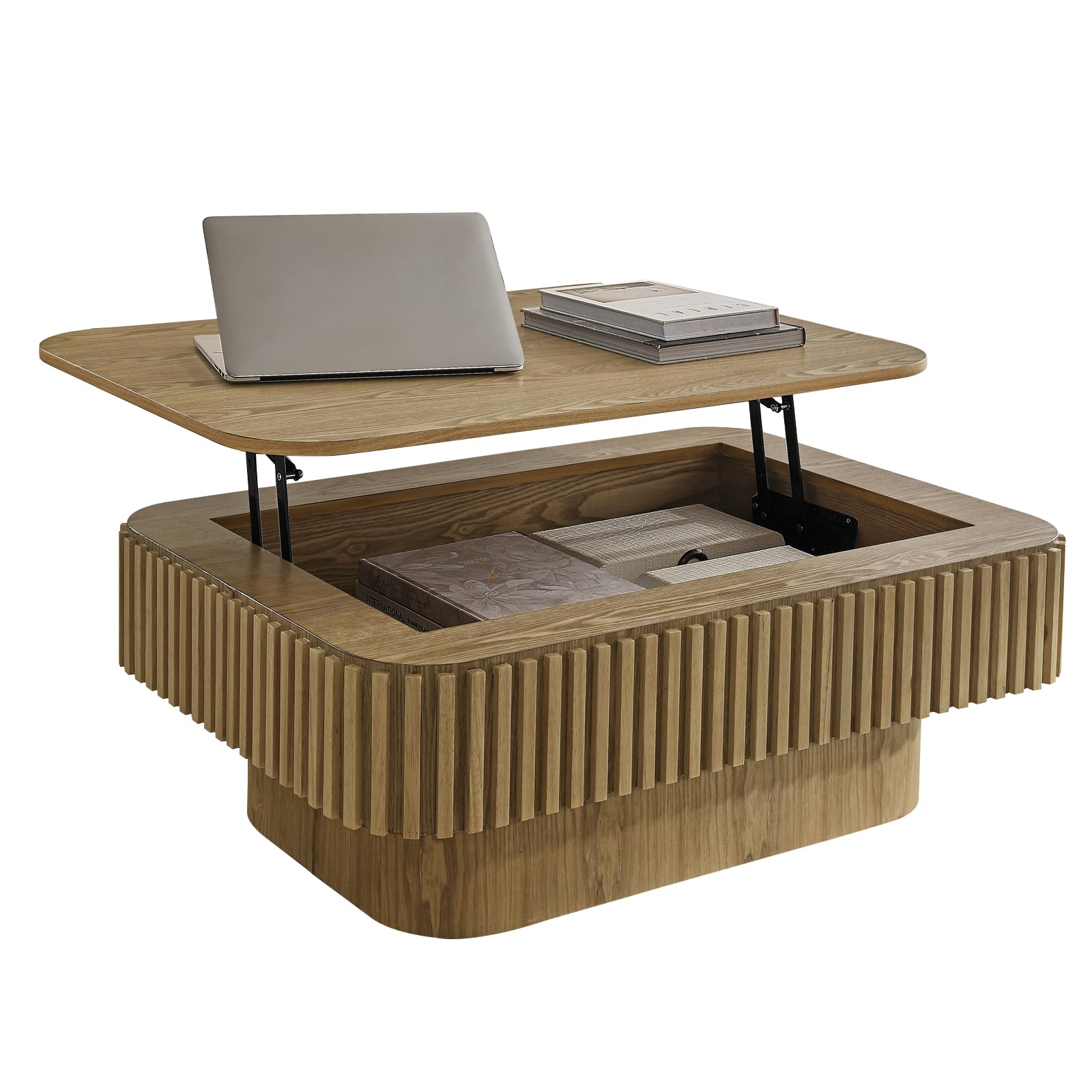 LKTART Round Coffee Table for Living Room, Accent Fluted Drum Coffee Table with Storage, Modern Solid Wood Veneered Circle Center Tea Table for Small Space Apartment (31.5''D×14''H-Natural)