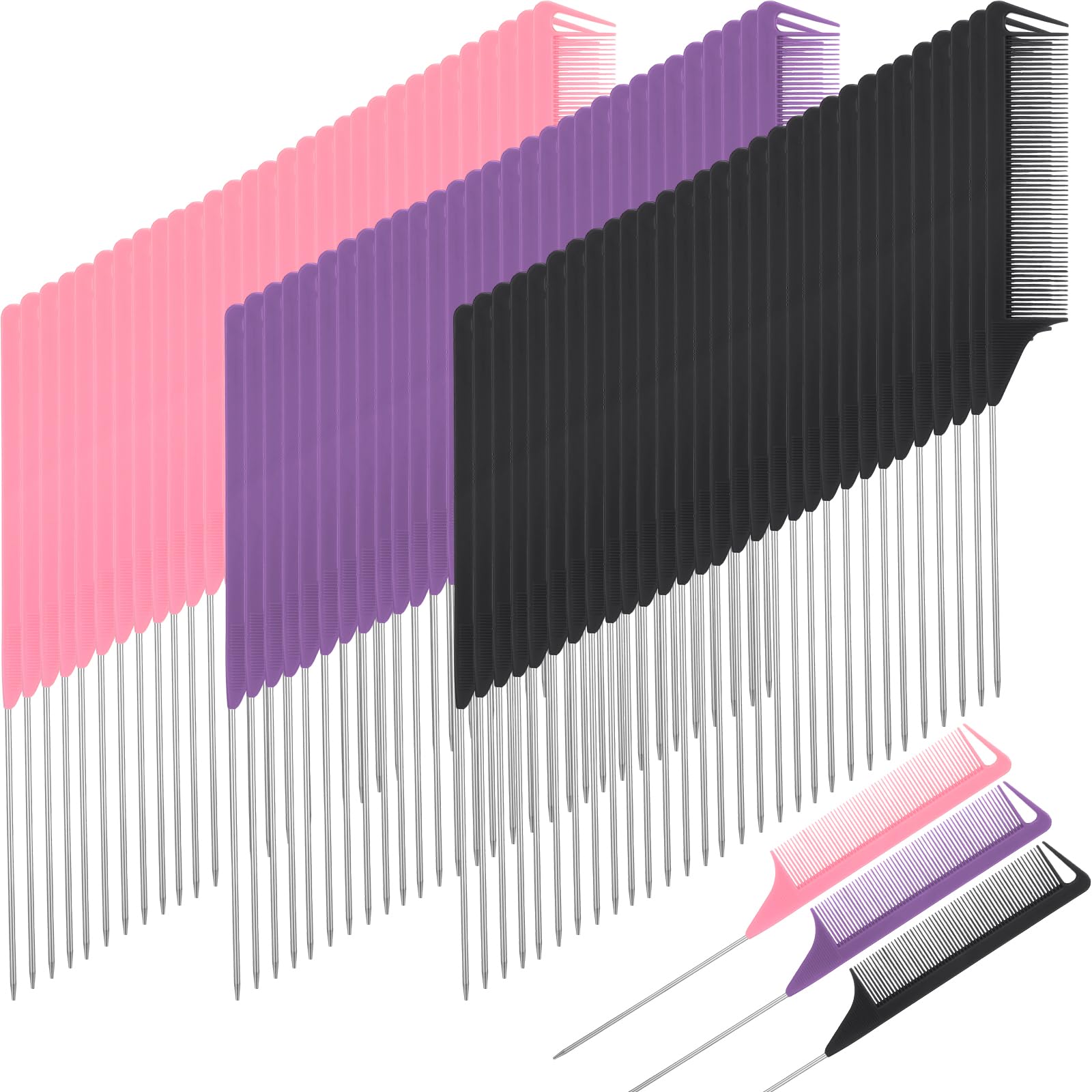 Uiifan 90 Pcs Hair Rat Tail Combs Metal Long Steel Pin Parting Comb Carbon Fiber Teasing Detangling Fine Tooth Comb for Braids Women Men Salon Hair Stylist, Black, Purple and Pink