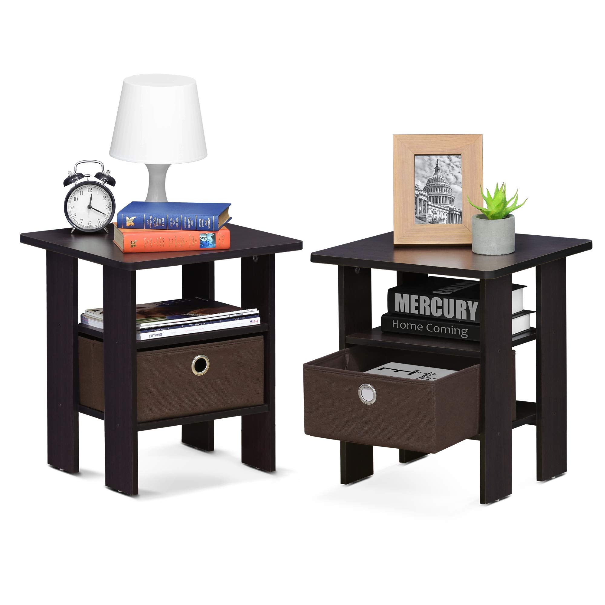 Furinno Andrey Set of 2 End Table / Side Table / Night Stand / Bedside Table with Bin Drawer, French Oak Grey
