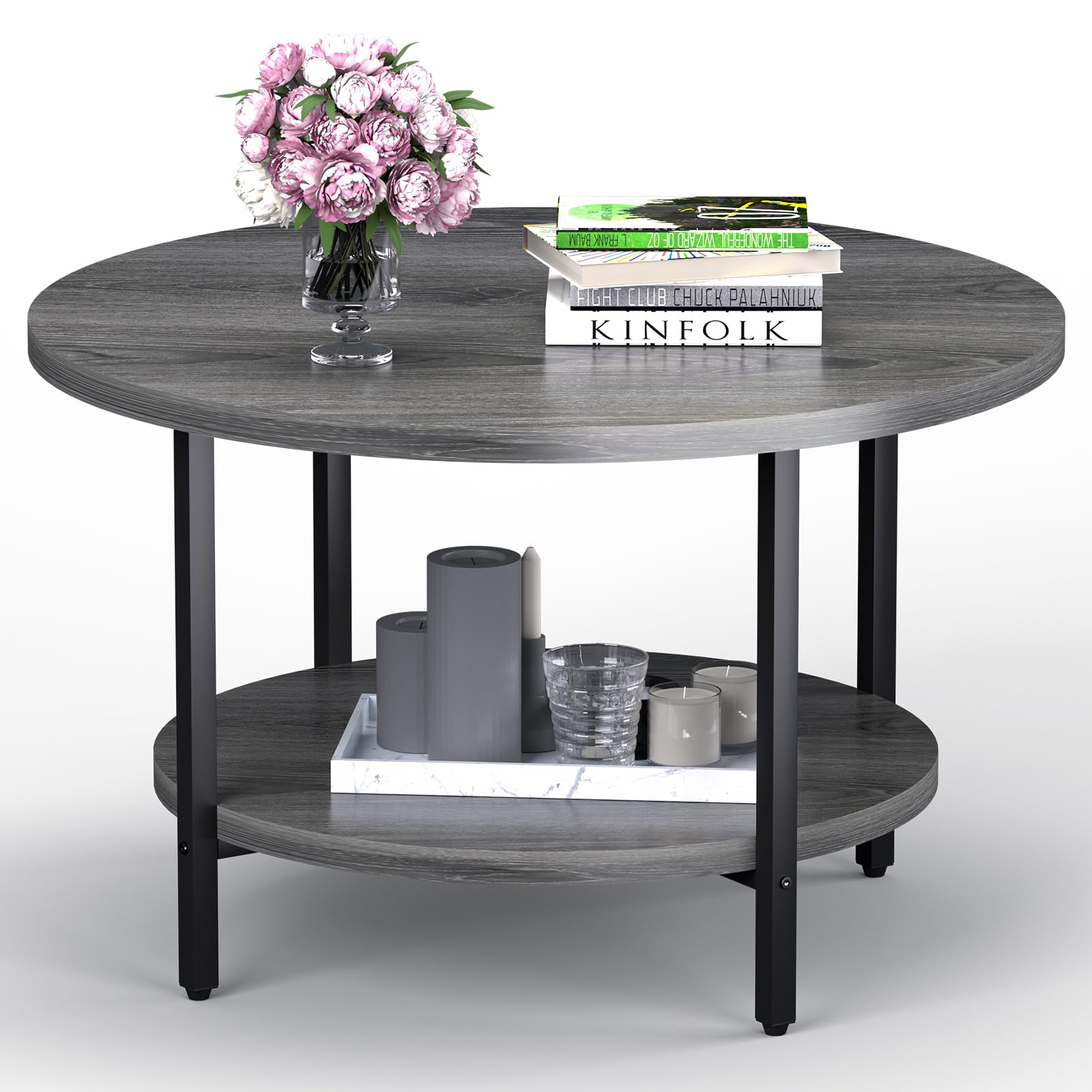 Round Coffee Table, Small Coffee Tables for Living Room, Wood Coffee Table with Metal Frame, Floor Table Desk for Sitting on The Floor, Home, Office, Farmhouse, Rustic Brown (23.6"D x 17.7"H)