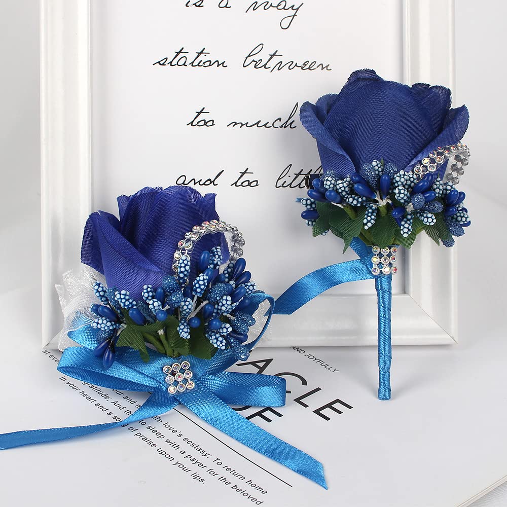 WANLIAN Rose Wrist Corsage Bridesmaid Corsage and Boutonniere Set for Wedding Prom Party Hand Flower Decoration Set of 2 (Blue)