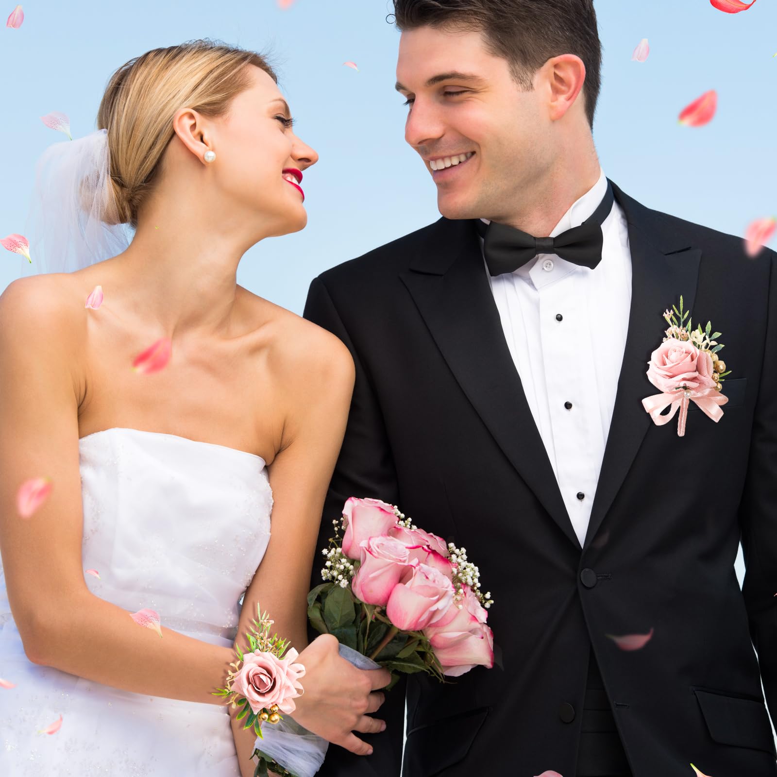 AEDOVE 2 Pcs Pink Rose Wrist Corsage and Boutonniere Set, Rose Corsage Hand for Women, Boutonniere for Men Wedding Artificial Flowers Accessories Prom Decor, Wedding Flower Party Accessories (Pink)