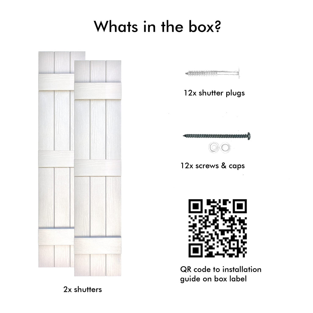 Pontiac Trail Board & Batten Vinyl Shutters (1 Pair) | 11"x63" (3-Board) - Dover White/Paintable | Exterior Window Shutters | Includes Mounting Hardware | Simple Installation | Made in USA