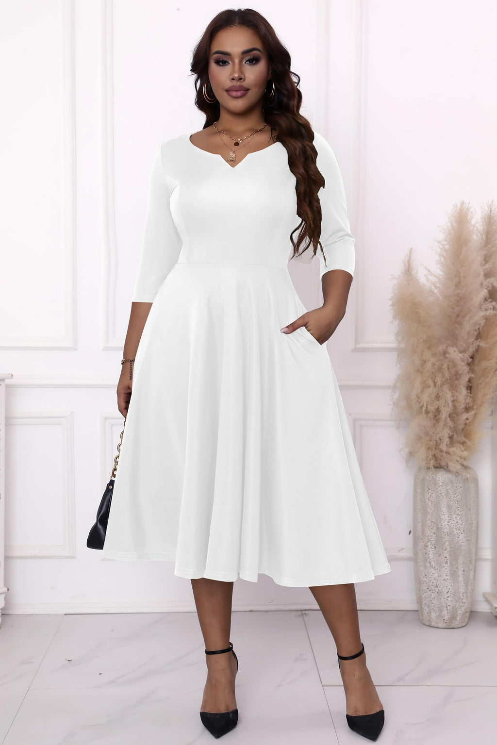 Runwind Plus Size Dresses for Curvy Women Cocktail Wedding Guest Fit and Flare A-Line Swing Casual Midi White Dresses 3XL