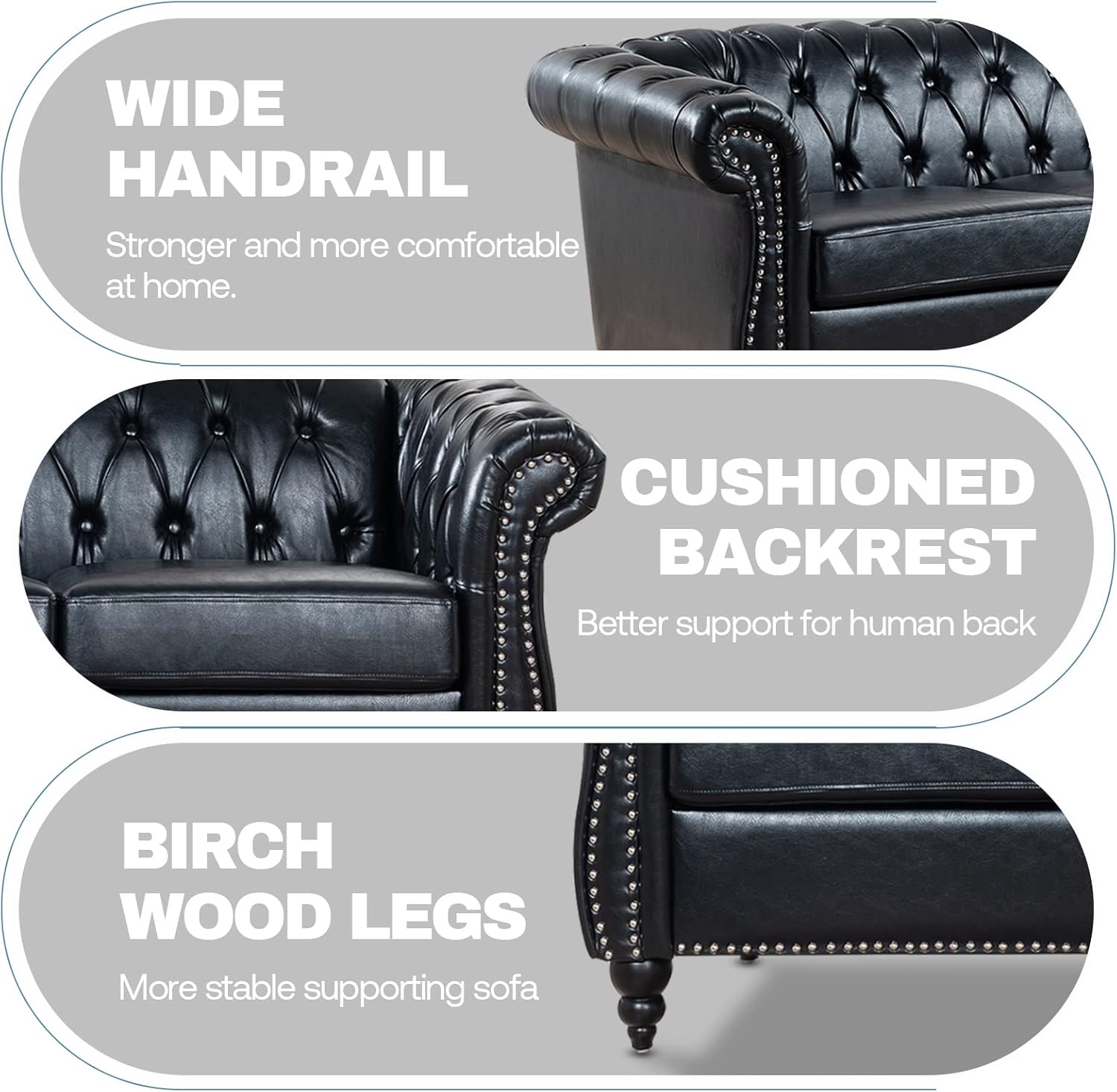 Chesterfield Sofas for Living Room, Black Rolled Arm 3-Seater Leather 84" Large Couch Deep Button Nailhead Tufted Upholstered Couches for Bedroom, Office Apartment Easy to Assemble