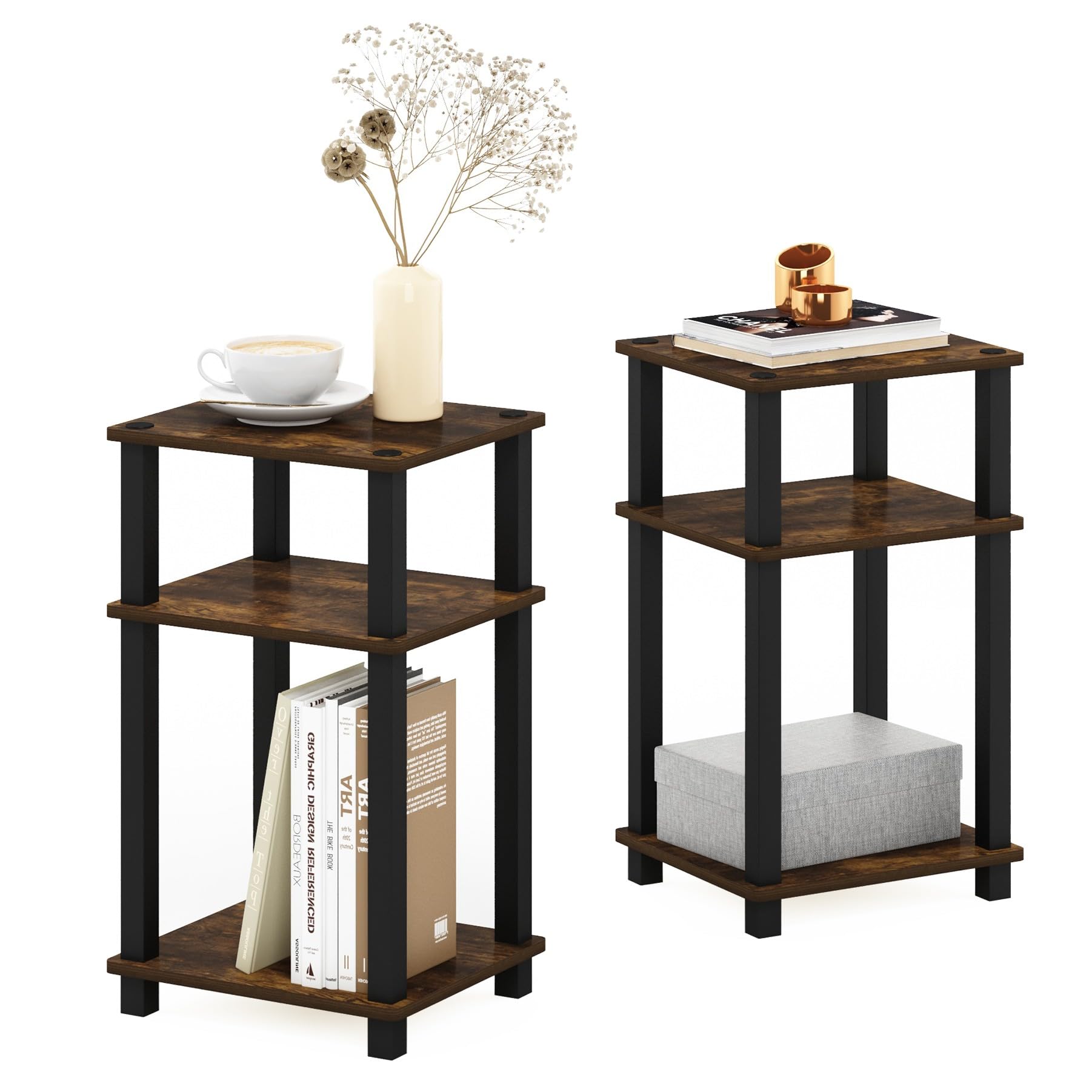 Furinno JUST Side Table, 3-Tier End Table, Open Shelves Night Stand, Bedside Table, Toolless Assembly, for Living Room, Bedroom, Bathroom, Americano