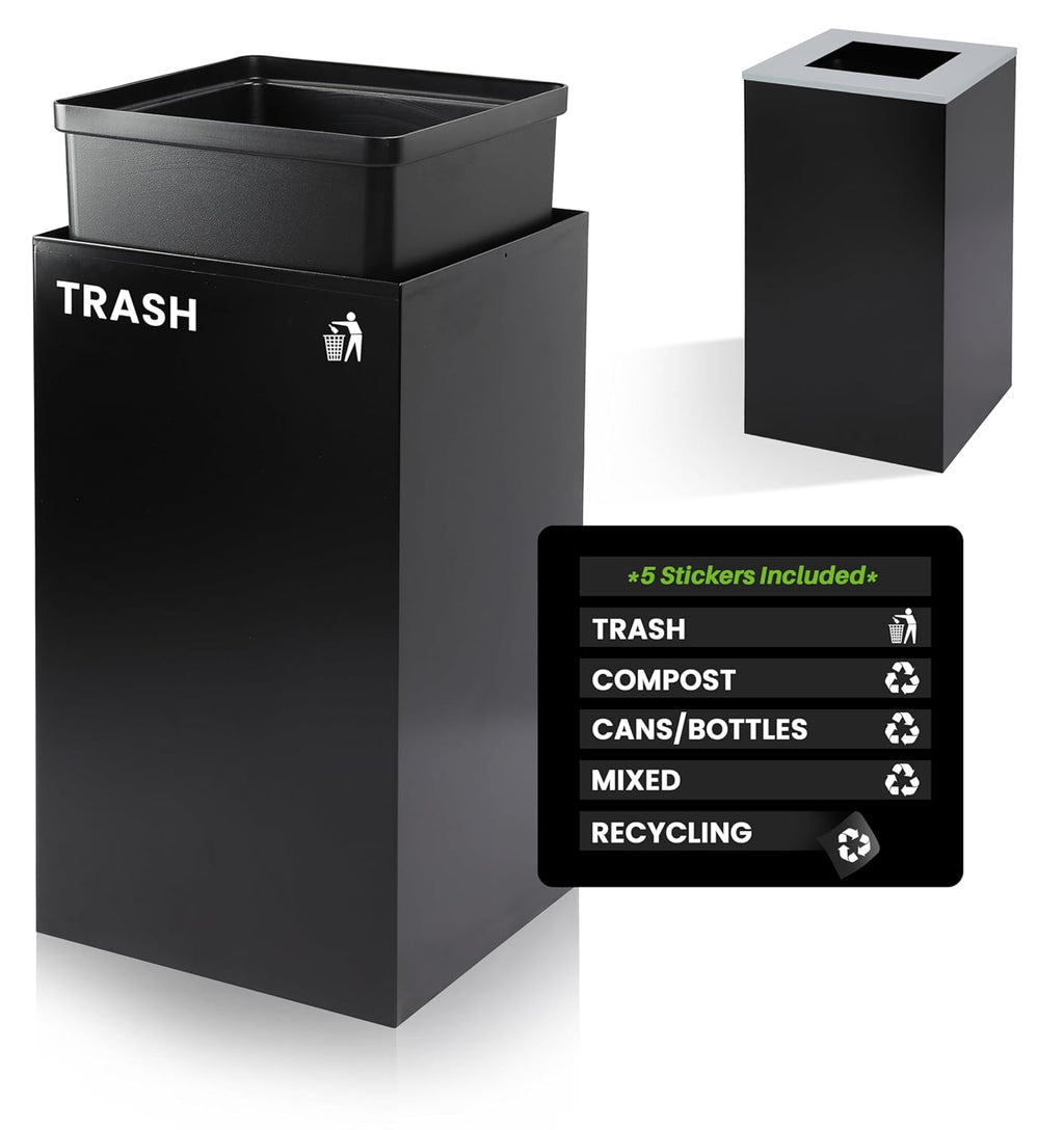 Alpine Commercial Indoor Recycle Bin - 29 Gallon Modern Looking Black Recycle Bin, Office Recycling Bins, Metal Trash and Recycling Container with Stickers & 3 Optional Lids (lid Sold Separately)