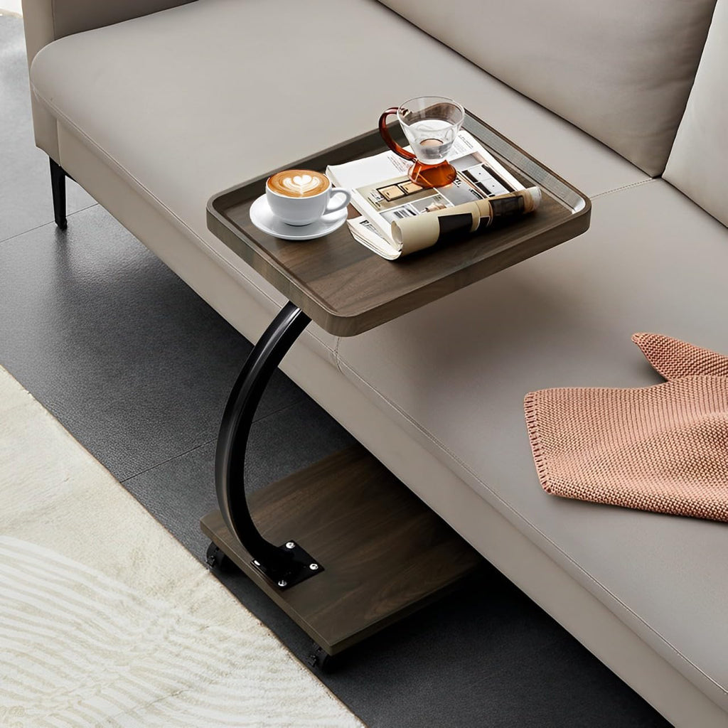 C Table End Table Adjustable Height, 360°Swivel TV Tray Table for Small Spaces, Side Tables with Wheels for Living Room and Bedroom, Bed (Walnut)