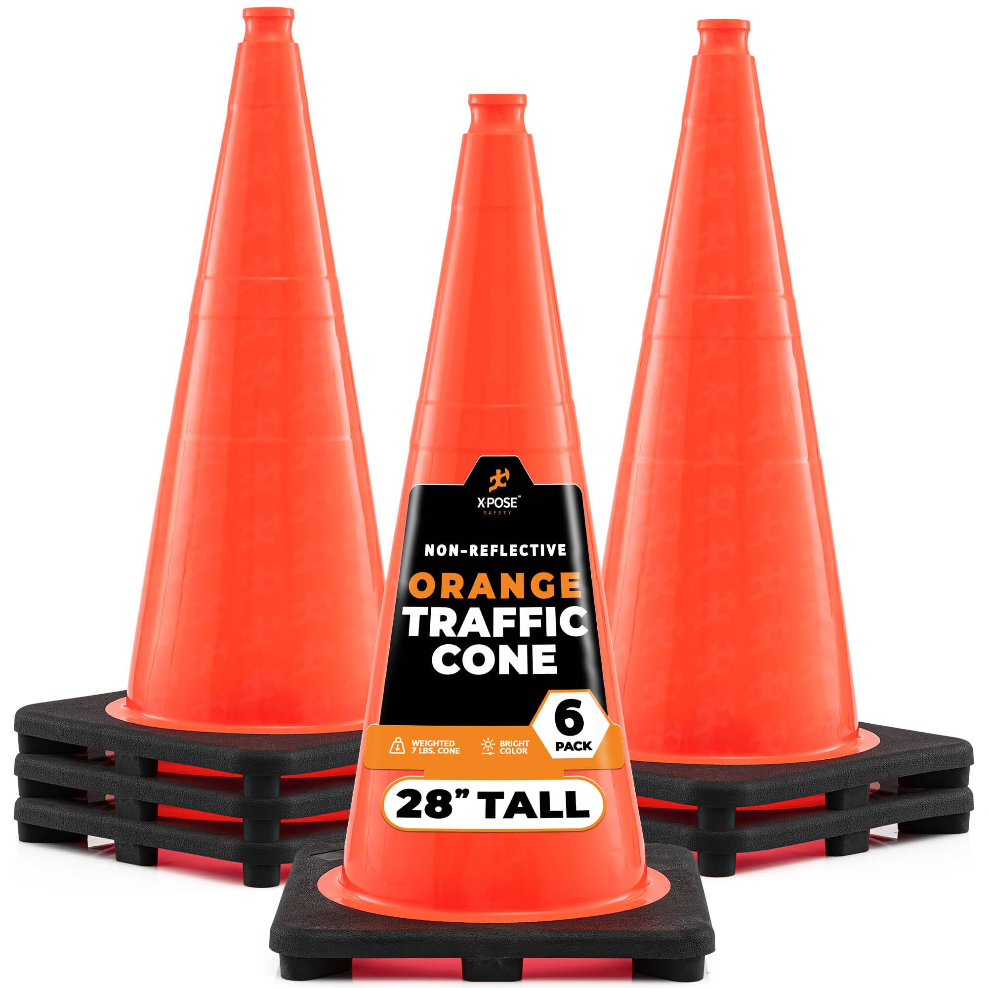 Xpose Safety 28 Inch Orange Traffic Cones Heavy Duty 10lb, 24-Pack - Multipurpose PVC Plastic Safety Cone for Parking, Soccer, Caution, Kids and Construction - DOT Approved