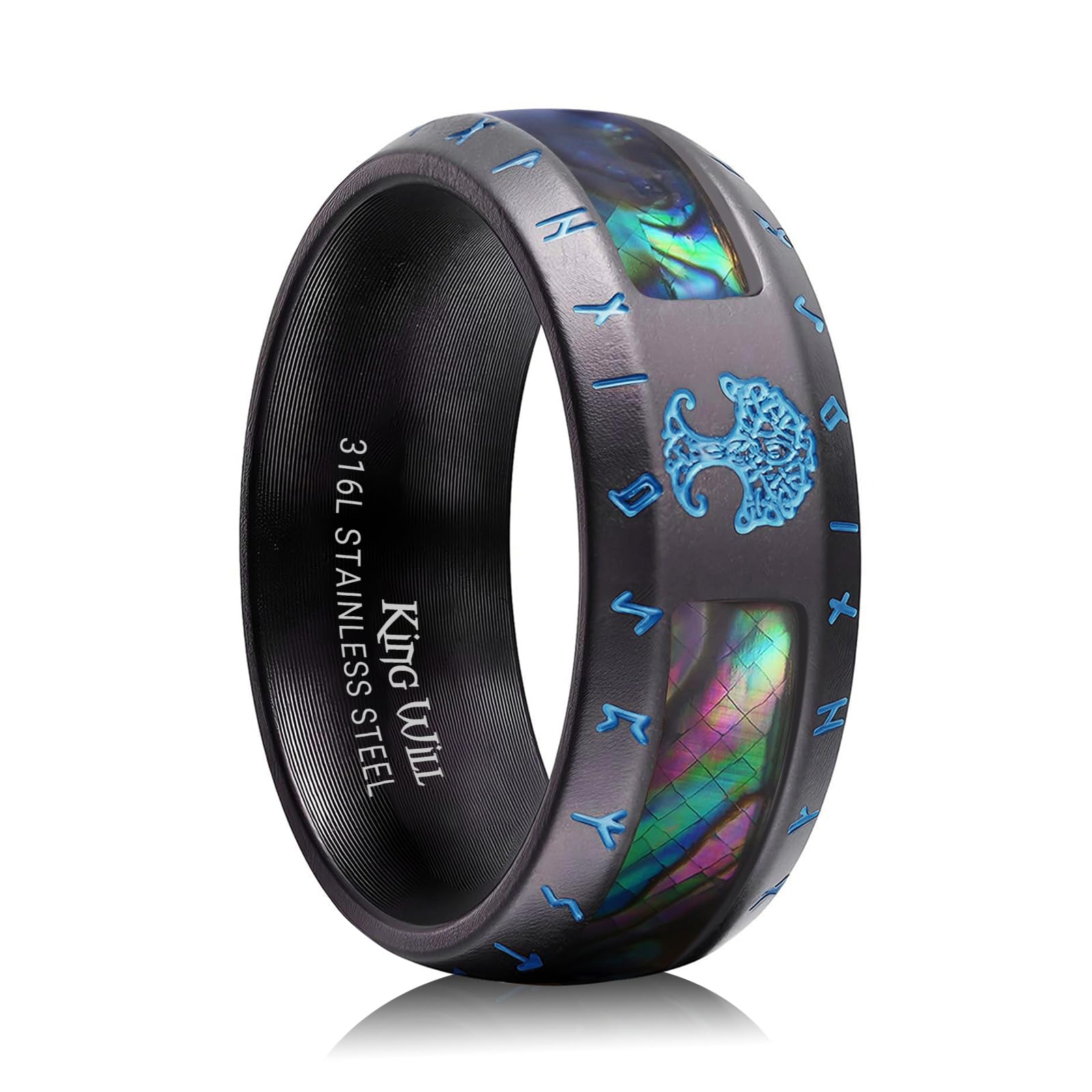 King Will Viking Stainless Steel Wedding Band - 8mm Men Ring with Tree of Life Rune Design and Abalone Shell Inlay in Grey/Gold/Black Vintage Finish Hypoallergenic and Comfort Fit Size 7-14
