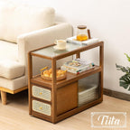 Tiita Rattan Nightstand Side Table, Bamboo Accent Bedside Tables, Glass Coffee Tables, Boho Wooden End Table with Storage for Small Space, Living Room and Bedroom