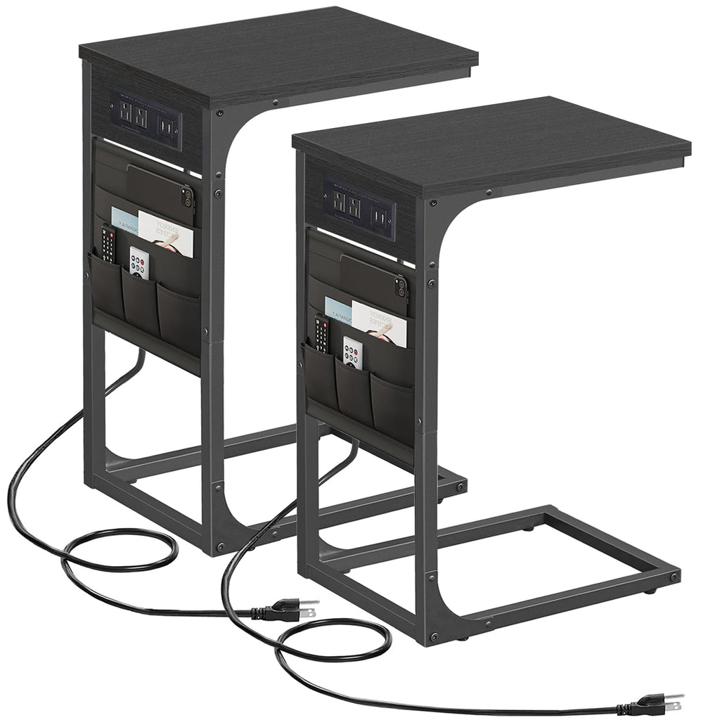 TUTOTAK C Shaped End Table with Charging Station, Side Table for Sofa, Couch Table with Storage Bag, TV Tray with 2 USB Ports and Outlets for Living Room, Bedroom, Brown TB01BB024