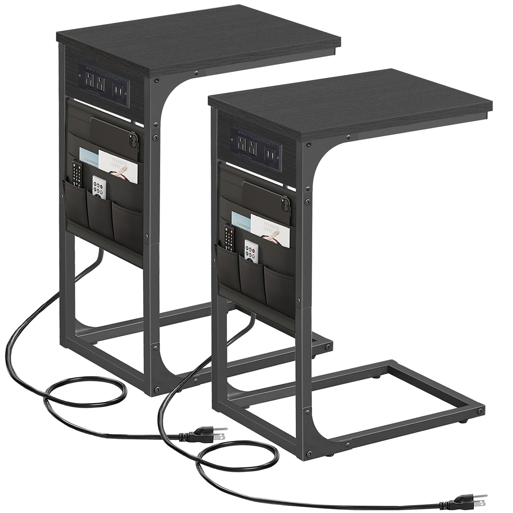 TUTOTAK C Shaped End Table with Charging Station, Side Table for Sofa, Couch Table with Storage Bag, TV Tray with 2 USB Ports and Outlets for Living Room, Bedroom, Brown TB01BB024