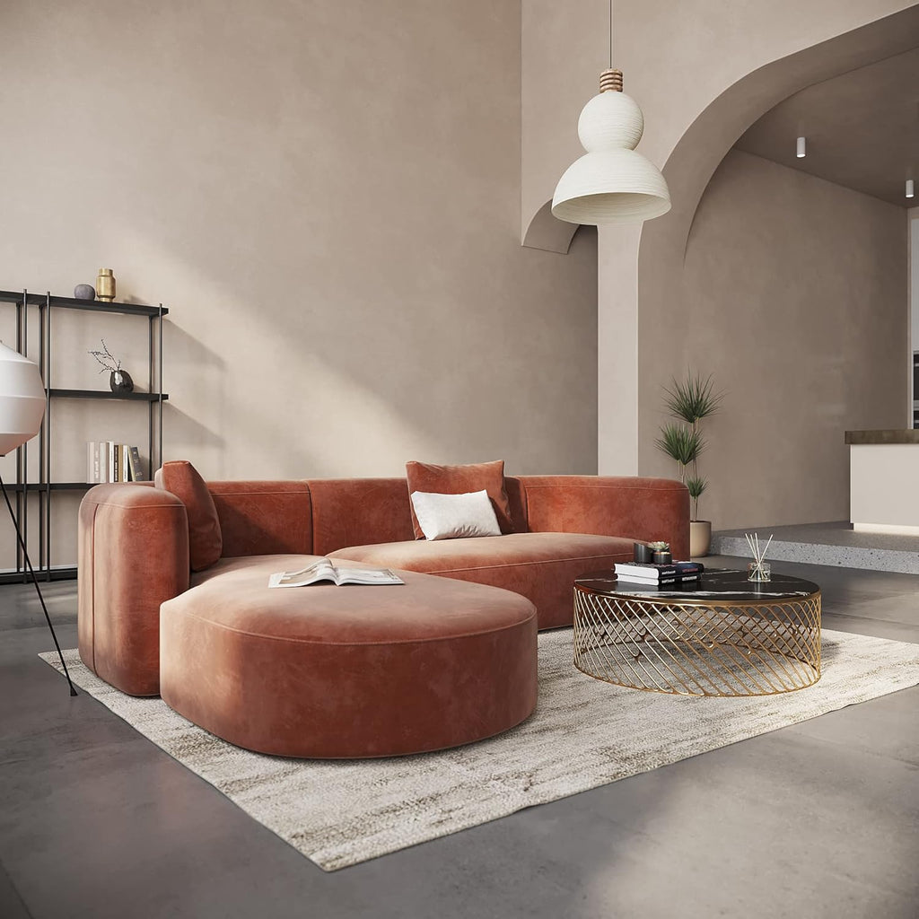 Acanva Luxury Modern Tight Curved Back Velvet Sofa, Minimalist Style Comfy Couch for Living Room Apartment, L-Shape Left Chaise, Tangerine