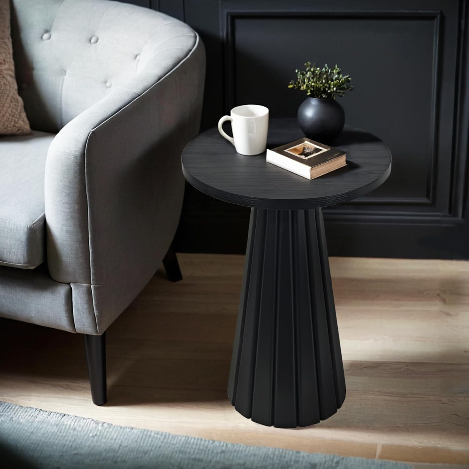Small Pedestal Side Table, Round Modern Drink Table for Small Space Living Room, Bedroom (Black)