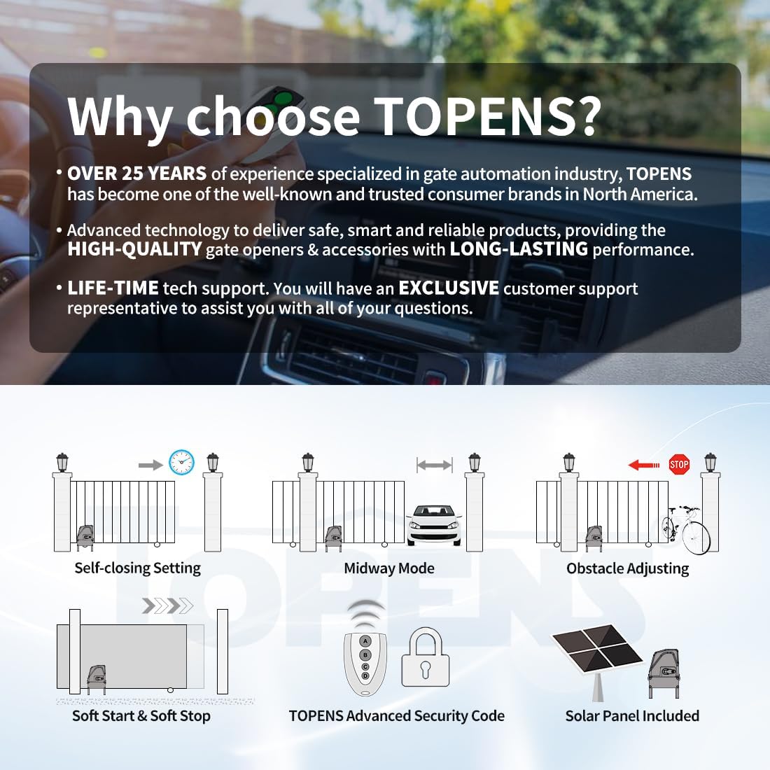 TOPENS DKC1100S Solar Sliding Gate Opener Chain Drive Automatic Gate Motor for Heavy Driveway Slide Gates Up to 2600 Pounds, Electric Gate Operator Battery Powered with Solar Panel Remote Control Kit