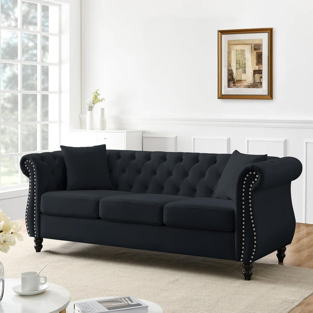 Chesterfield Sofa Couch,80" Button Tufted Velvet Sofa with Rolled Arms&Nailhead Trim,Comfy 3 Seater Sofa,Oversize Mid Century Modern Couch for Living Room,Bedroom,Apartment,Office(Black)